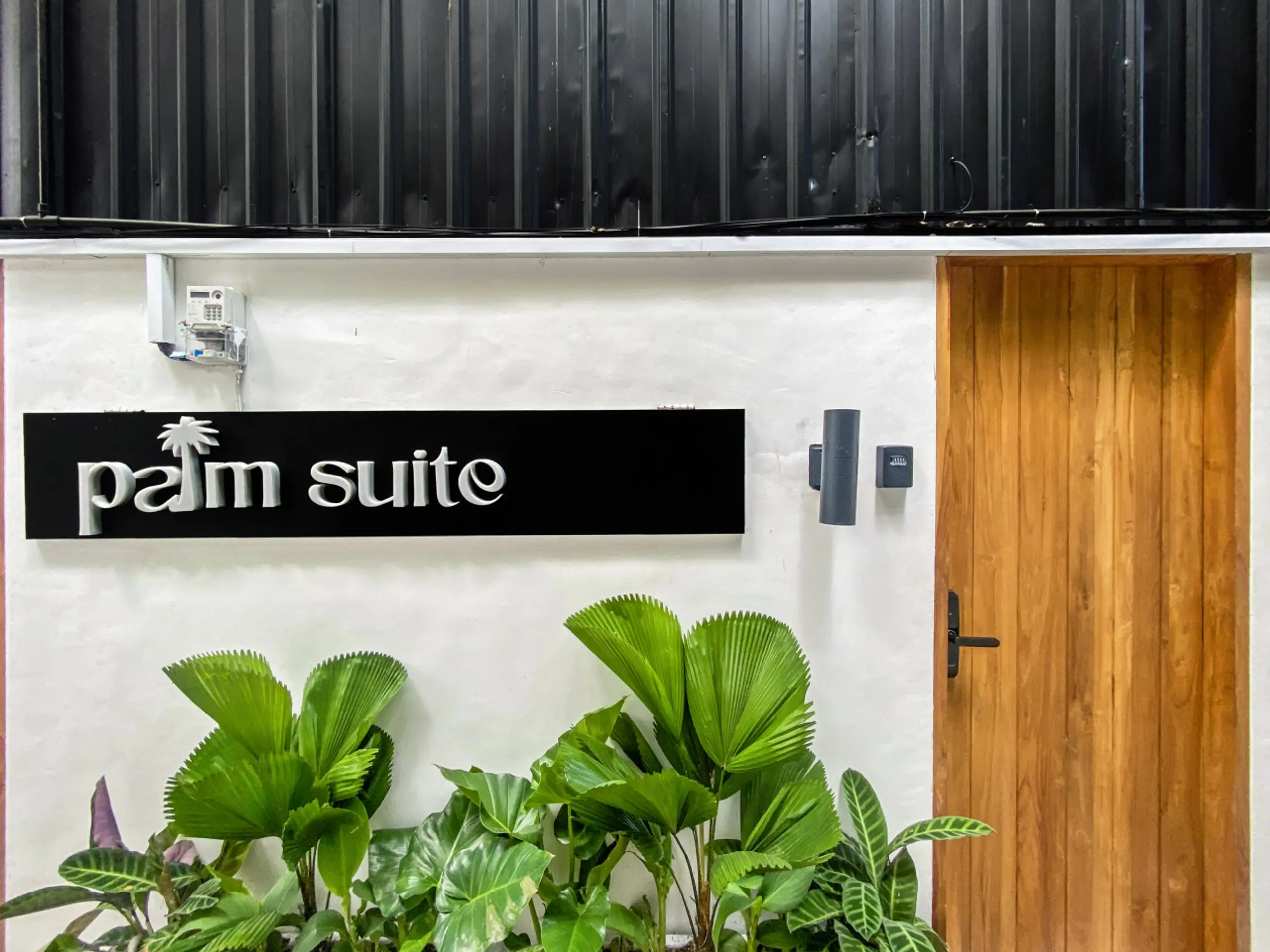 Indoor wall scene with a black 'pam suite' sign, lush tropical plants in front, and a wooden door on the right.