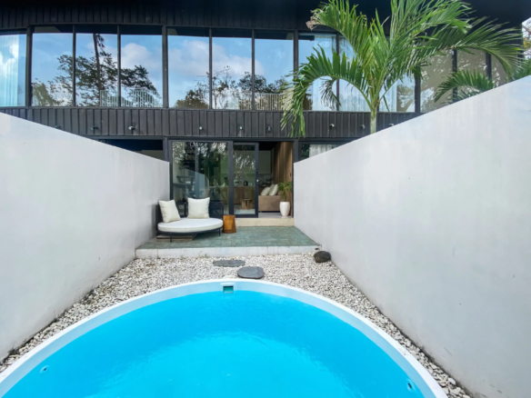 Contemporary backyard with a curved blue pool, white gravel, and white walls flanking a glass-front house with a palm tree on the right edge.