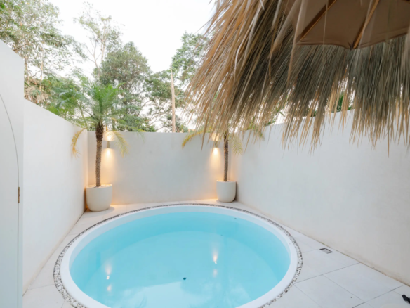 Small round pool with pale blue water in a white courtyard, potted palm trees, and a thatched roof overhead.