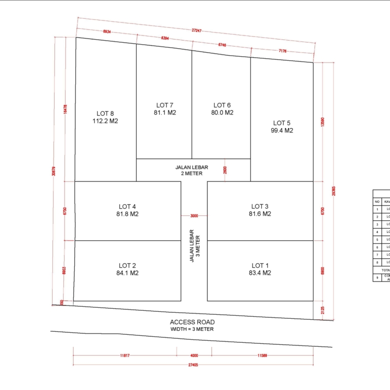Site layout plan of eight lots around a central access road with dimensions and labels like LOT 1–LOT 8 (master block plan).