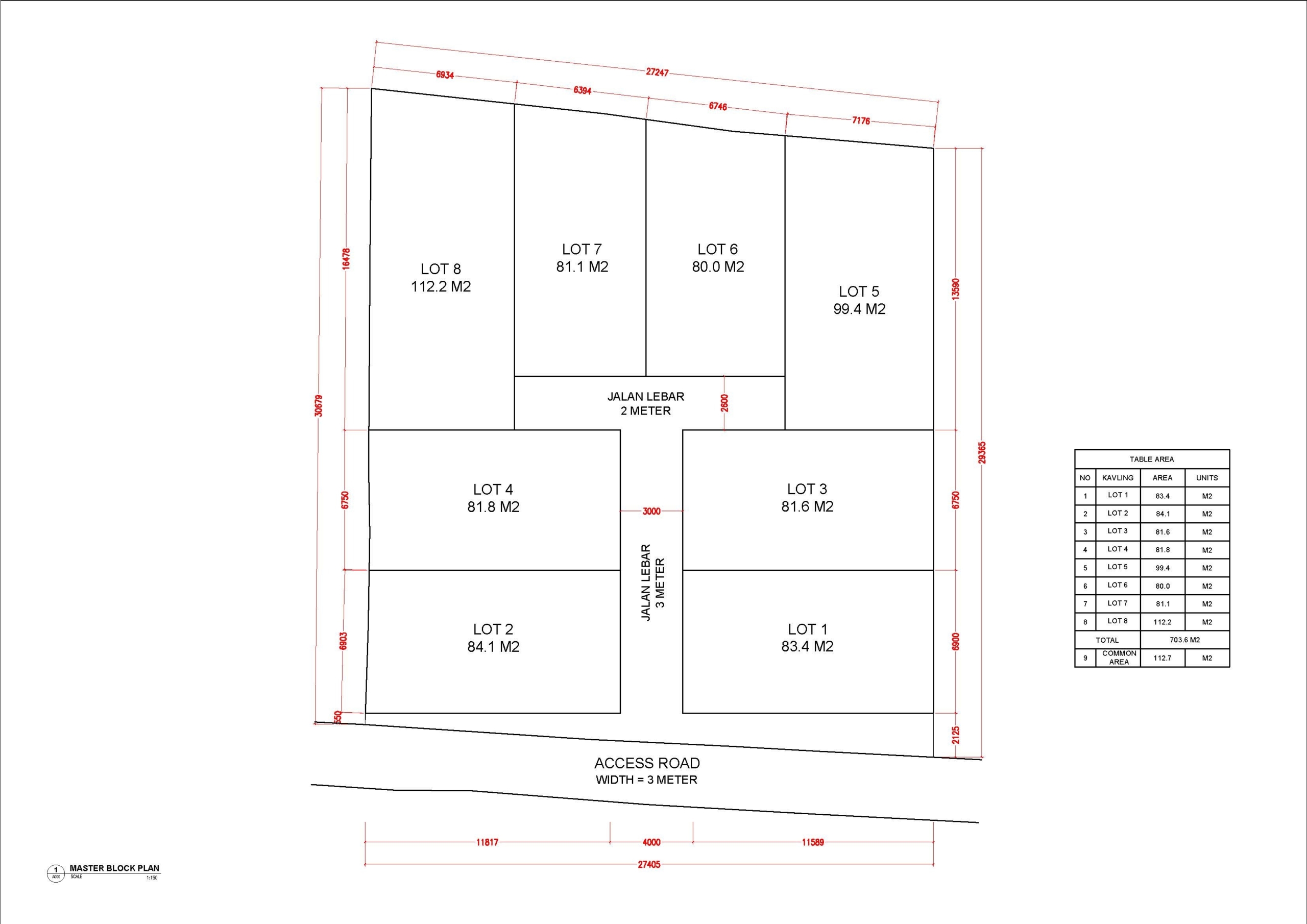 Site layout plan of eight lots around a central access road with dimensions and labels like LOT 1–LOT 8 (master block plan).