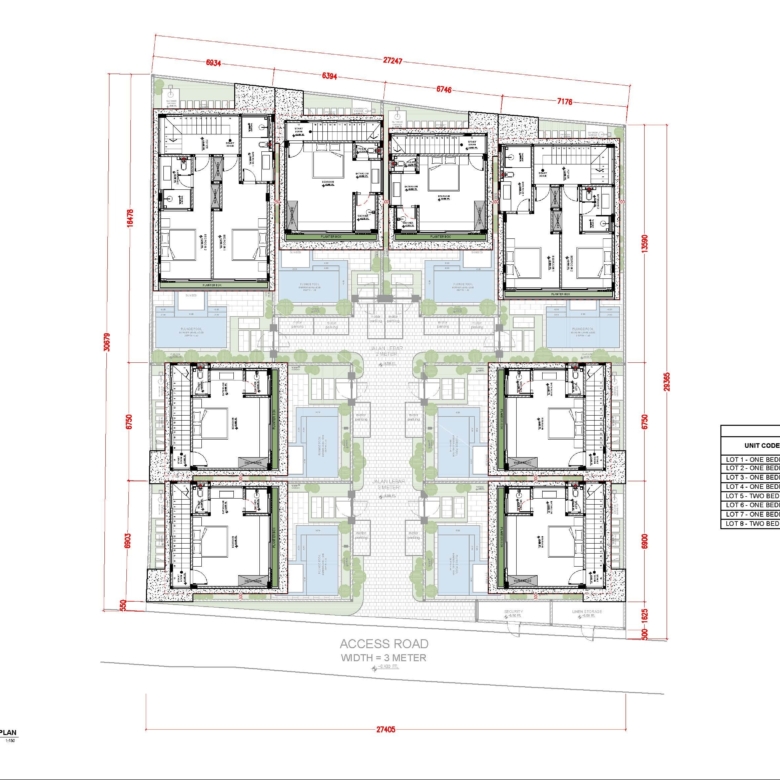 Architectural floor plan of a multi-unit residential development, showing eight units around a central courtyard and an access road at the bottom.