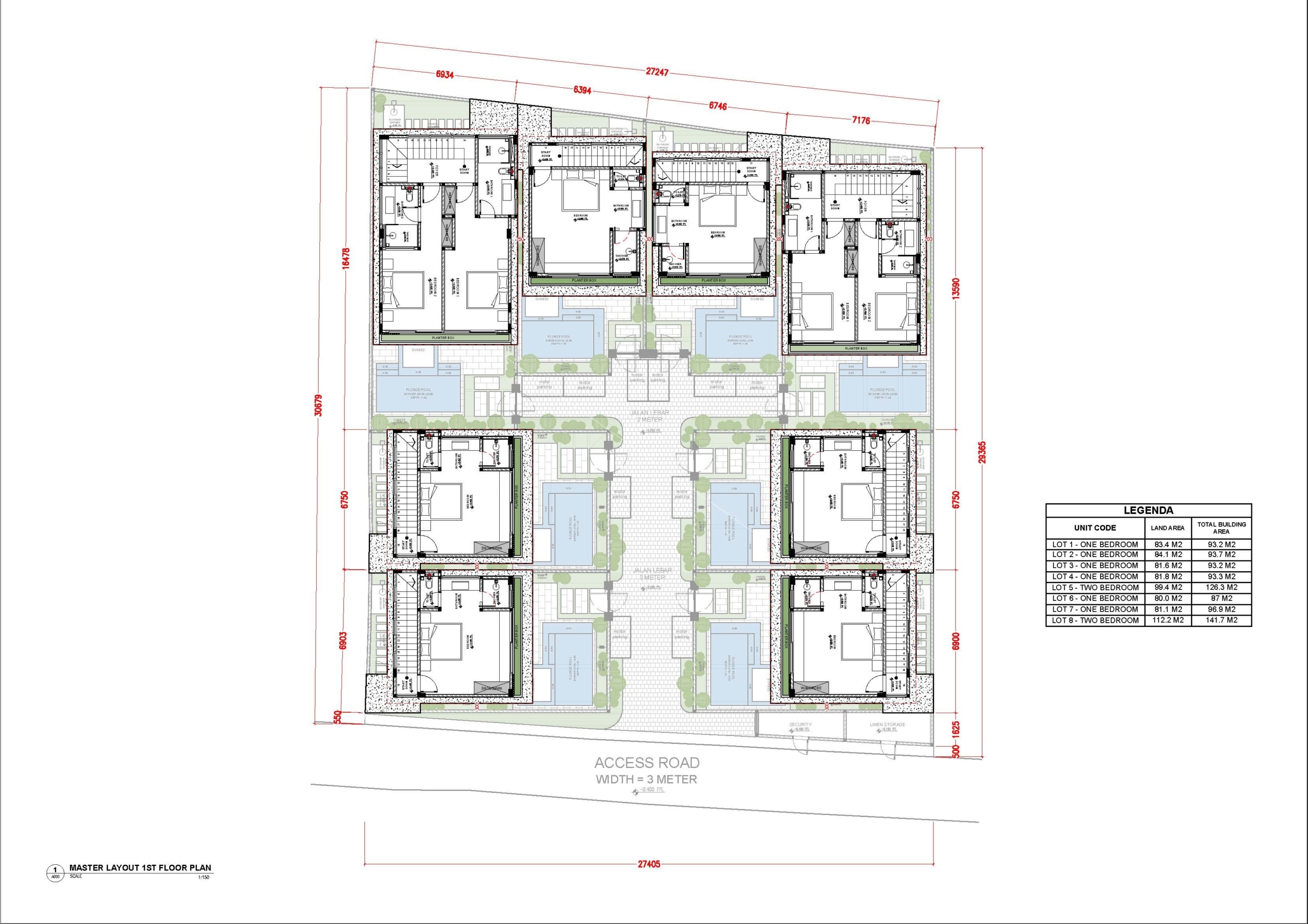 Architectural floor plan of a multi-unit residential development, showing eight units around a central courtyard and an access road at the bottom.