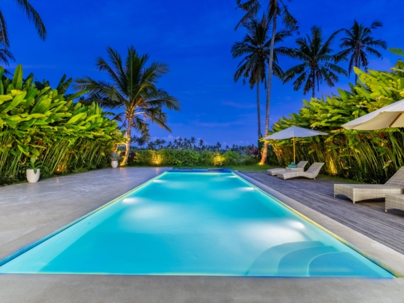 Rectangular turquoise pool bordered by tropical plants and palm trees, with lounge chairs and white umbrellas at dusk. (Informative)
