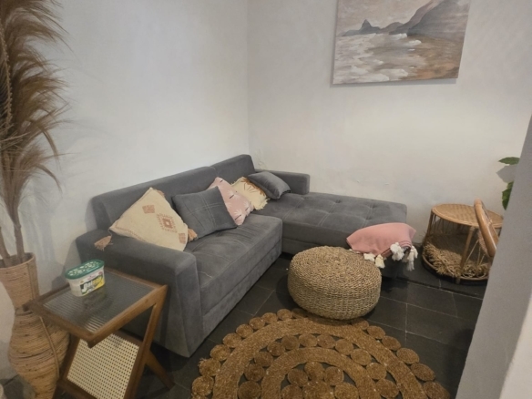 Living room corner with a gray sectional sofa, round woven rug, and wall art depicting a rocky coast; tall pampas grass in the left corner.