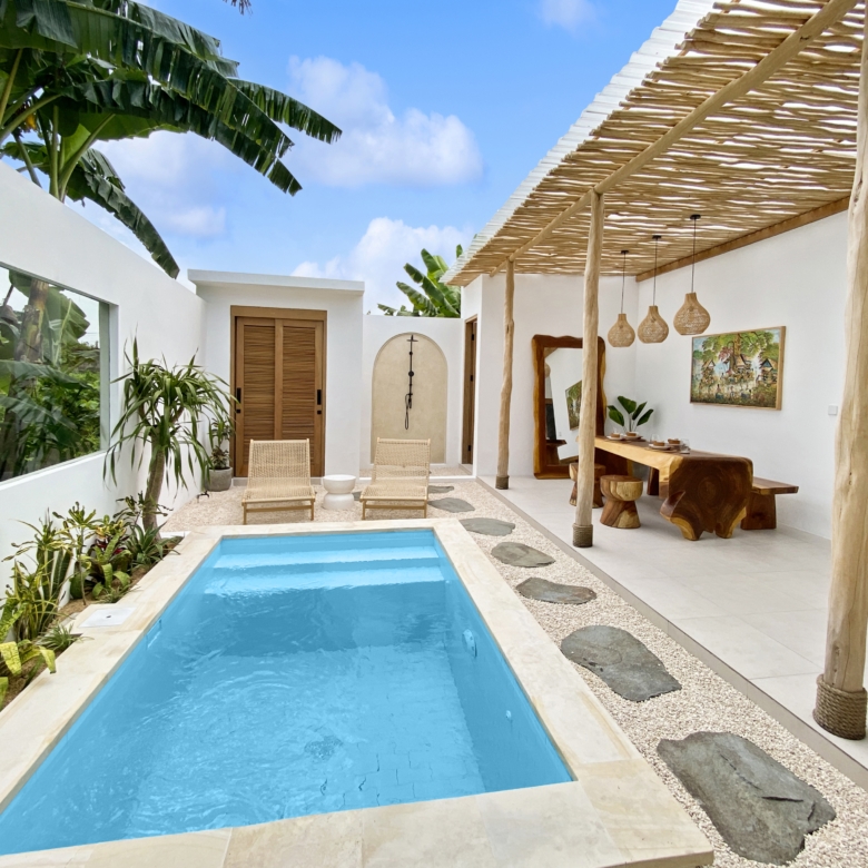 Interior courtyard with a rectangular blue pool, white walls, and a wooden pergola overhead; tropical plants on the sides.