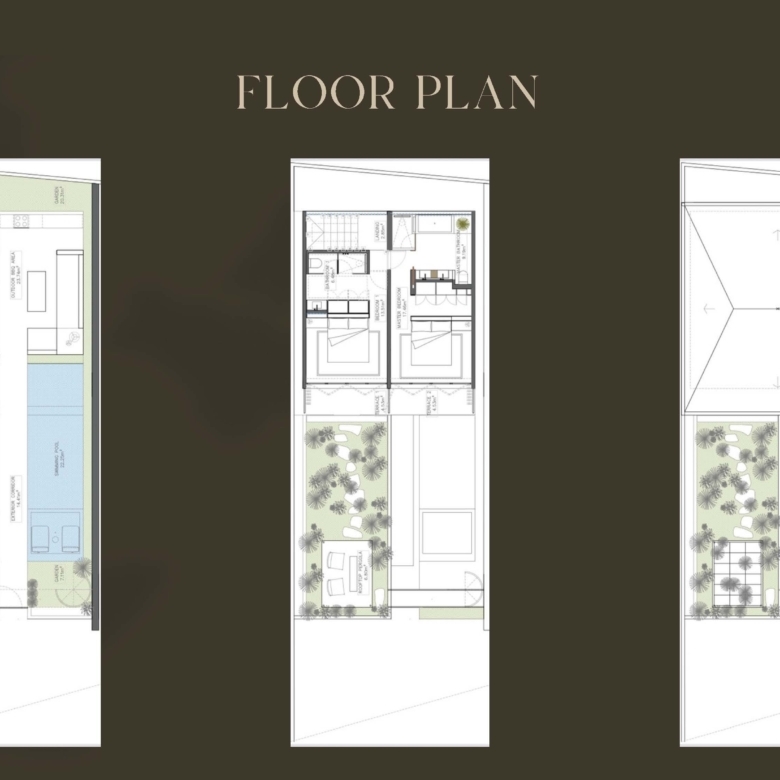 Three vertical architectural floor plans side by side on a dark background, showing living spaces, bedrooms, and exterior areas.