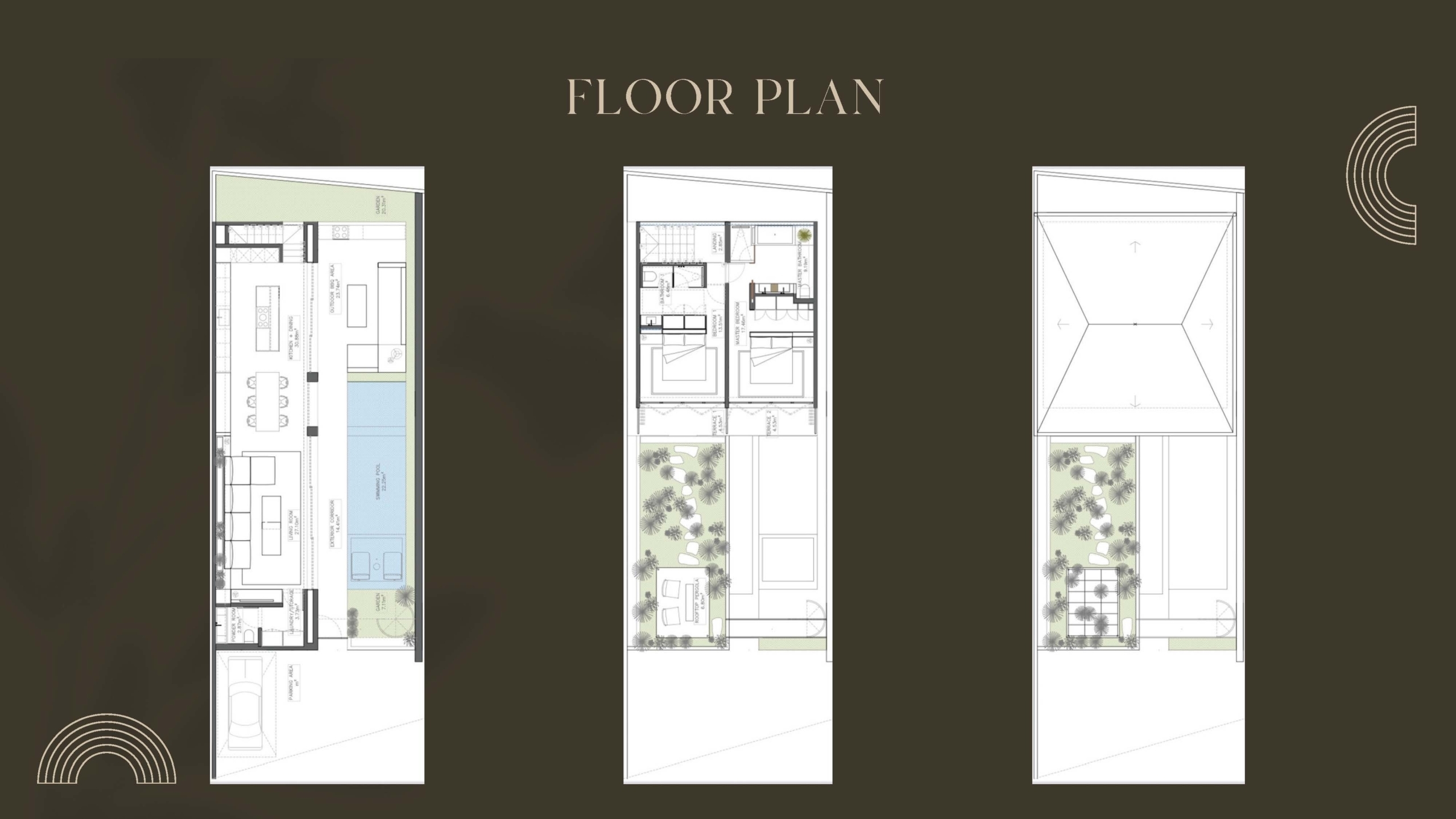 Three vertical architectural floor plans side by side on a dark background, showing living spaces, bedrooms, and exterior areas.