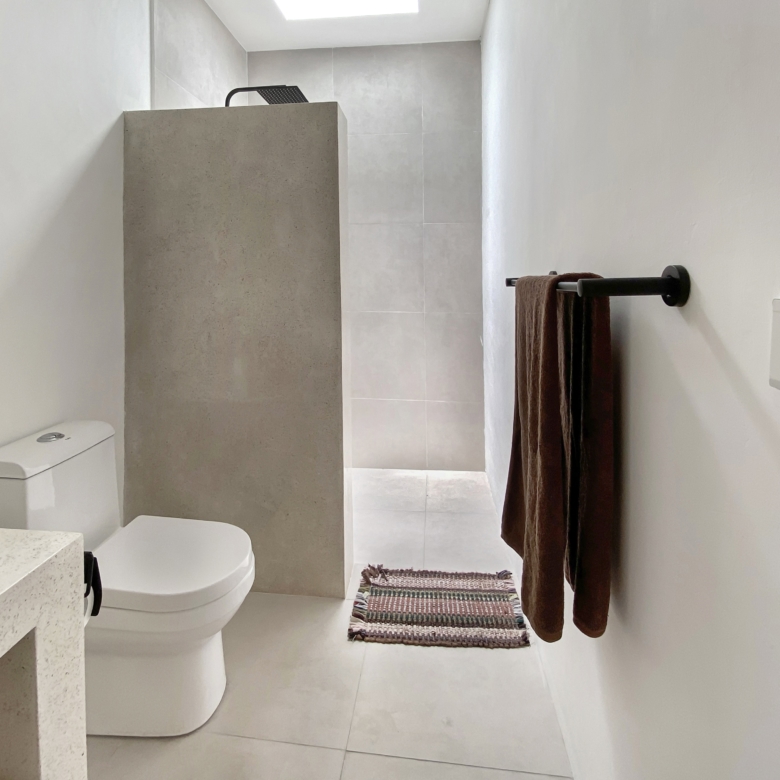 Modern bathroom with white walls, gray tiled shower area, and dark brown towels on a wall-mounted rack.