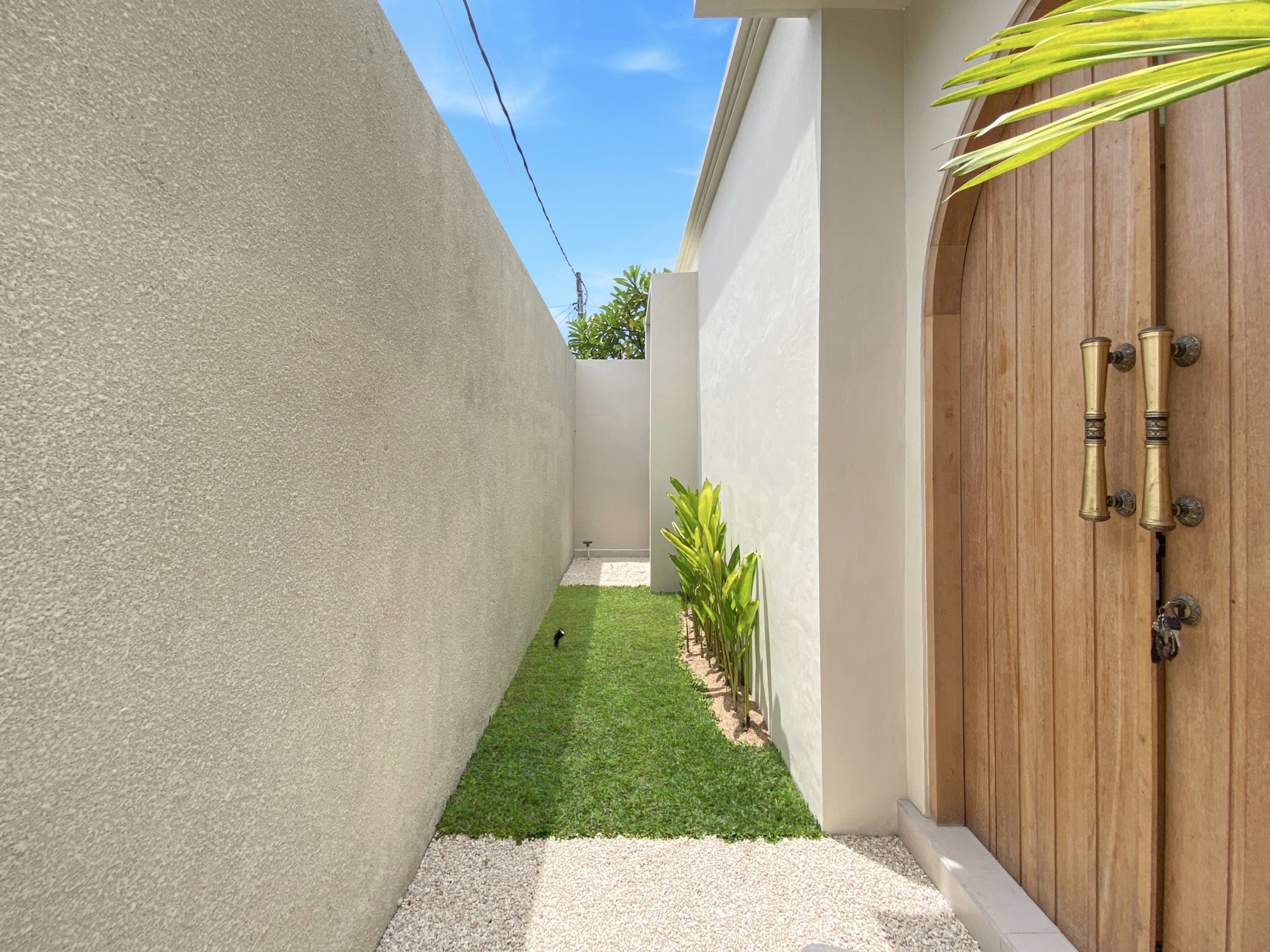 IMG_8130_5278-69ad009968605 Narrow outdoor passage between a tall beige wall and a wooden gate, with a green lawn and tropical plants along the edge under a blue sky