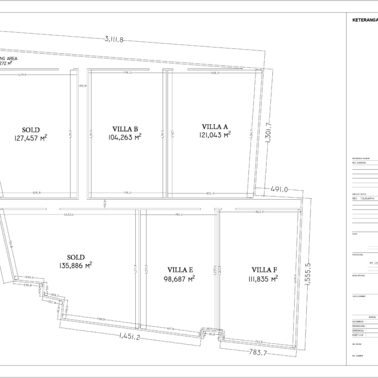 Site plan of a residential development showing plots labeled Sold and Villas A, B, E, F with their area in square meters and boundary dimensions.