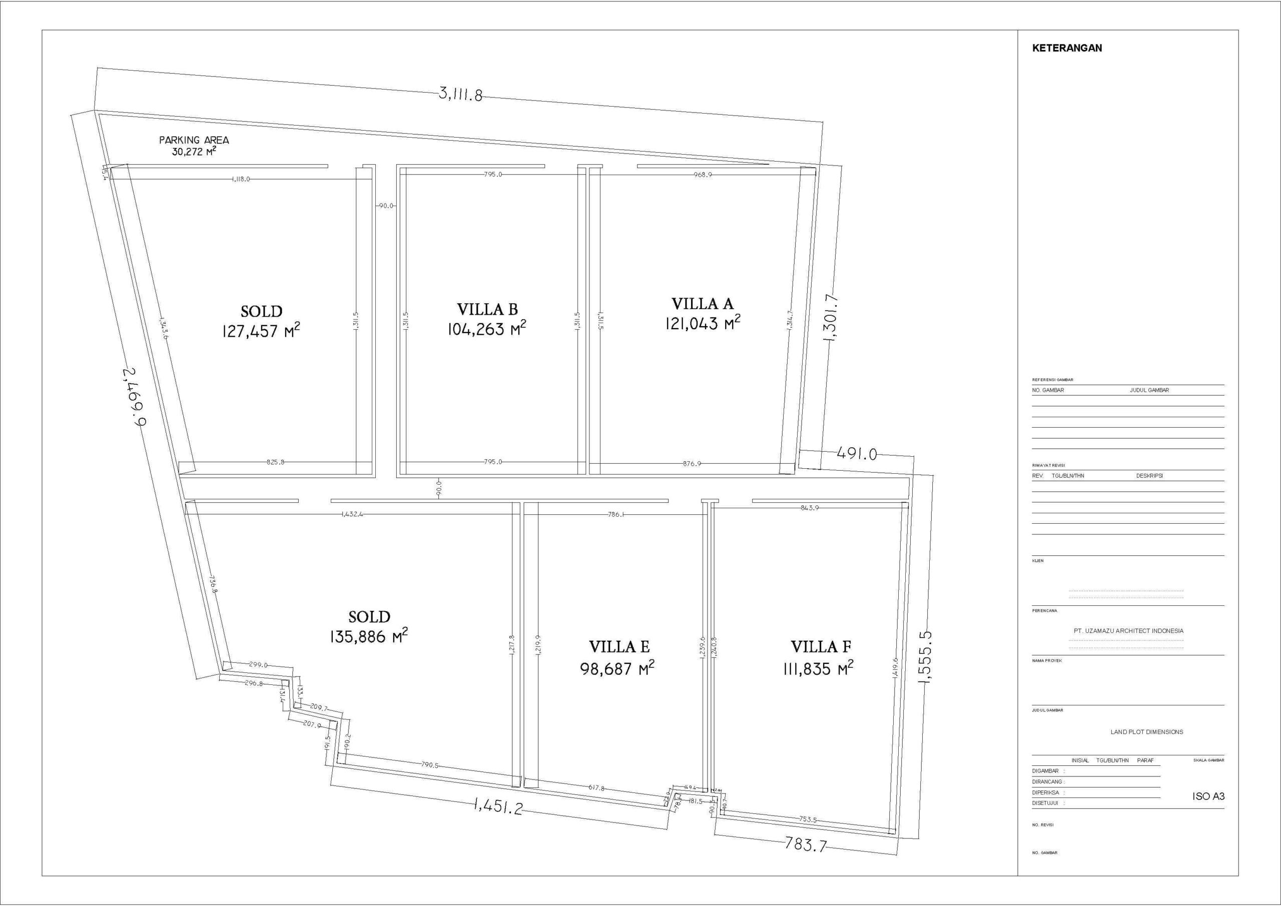 Site plan of a residential development showing plots labeled Sold and Villas A, B, E, F with their area in square meters and boundary dimensions.