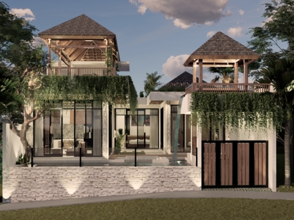 Contemporary tropical villa with glass walls, a stone terrace, and two wooden-roof pavilions amid ivy and palm trees.