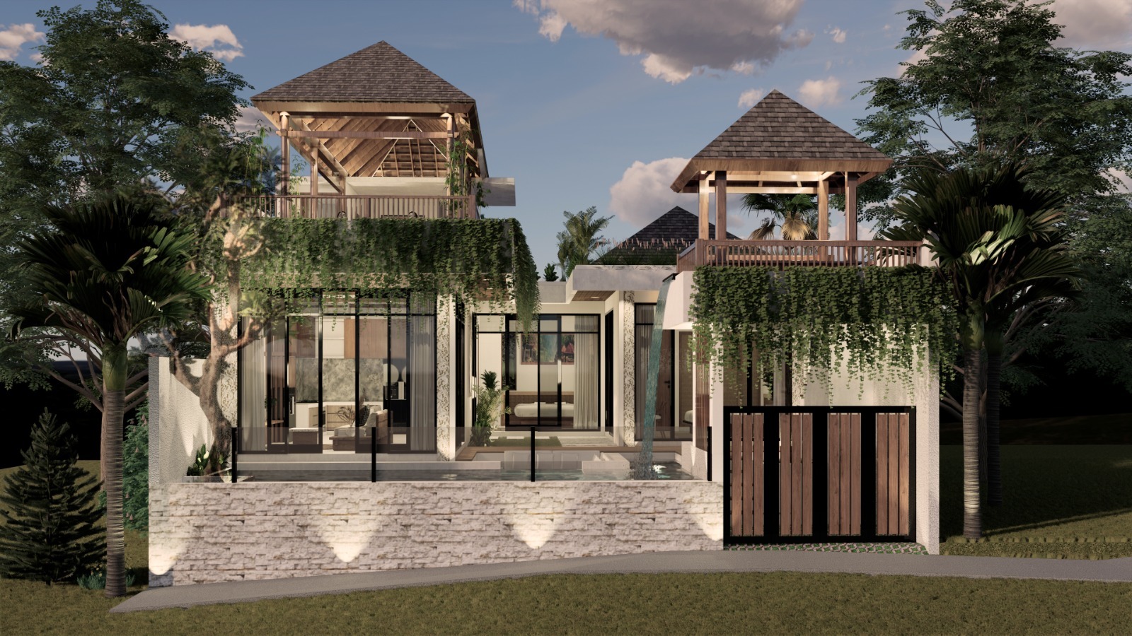 WhatsApp_Image_2026-05-12_at_11_03_19_PM__1__7158-6a2ff292ddca2 Contemporary tropical villa with glass walls, a stone terrace, and two wooden-roof pavilions amid ivy and palm trees.