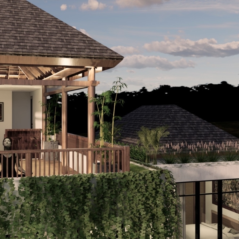 Tropical wooden gazebo on a balcony with vines, a railing, and a person leaning on the railing outdoors.