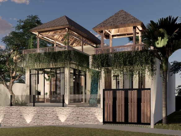 Tropical modern villa with ivy-covered stone base, large glass walls, and two thatched-roof pavilions on a shaded terrace.