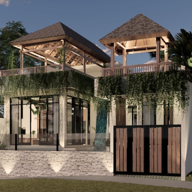 Tropical modern villa with ivy-covered stone base, large glass walls, and two thatched-roof pavilions on a shaded terrace.