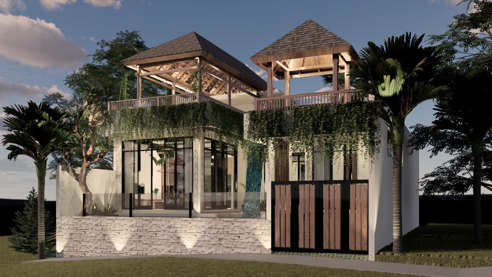 WhatsApp_Image_2026-05-12_at_11_03_20_PM__1__7157-6a2ff292bf54b Tropical modern villa with ivy-covered stone base, large glass walls, and two thatched-roof pavilions on a shaded terrace.