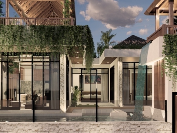 Modern glass-walled villa with a courtyard pool, greenery, and wooden balcony structures.