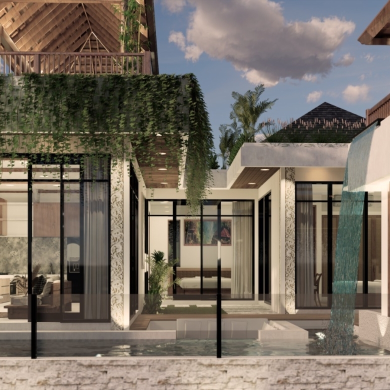 Modern glass-walled villa with a courtyard pool, greenery, and wooden balcony structures.