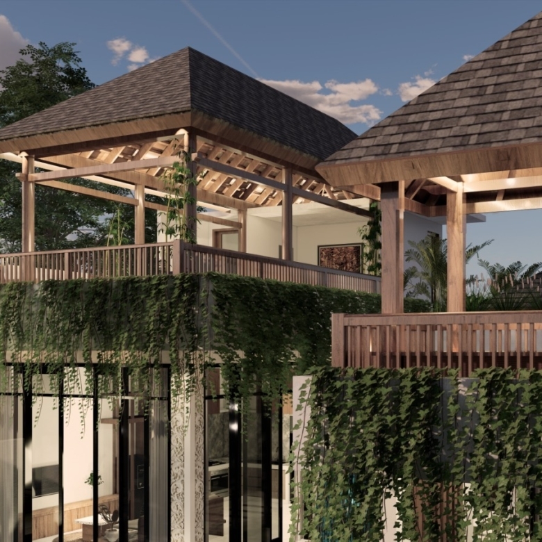 Two-tiered wooden pavilion with thatched roofs on an elevated terrace, surrounded by climbing vines and tropical foliage.