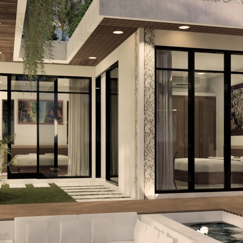 Modern villa courtyard with black-framed glass doors, wooden deck, plants, and a small pool conterminous with outdoor seating area.