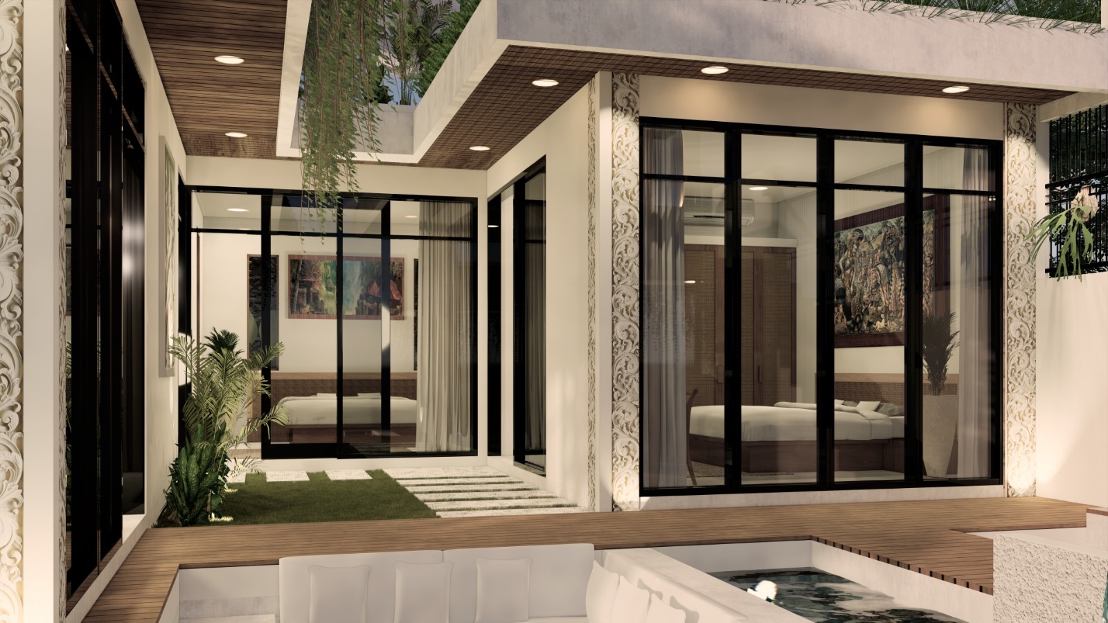 WhatsApp_Image_2026-05-12_at_11_03_22_PM__2__7151-6a2ff29240a57 Modern villa courtyard with black-framed glass doors, wooden deck, plants, and a small pool conterminous with outdoor seating area.