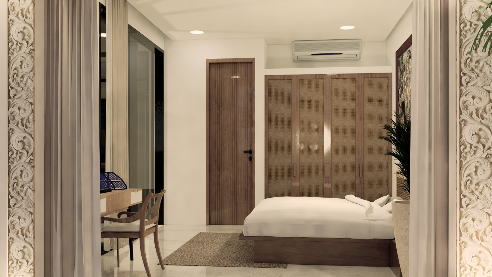 WhatsApp_Image_2026-05-12_at_11_03_23_PM__2__7151-6a2ff29229a4b Hotel bedroom with a low wooden bed, white bedding, carved decorative walls, and a large woven-wood wardrobe.