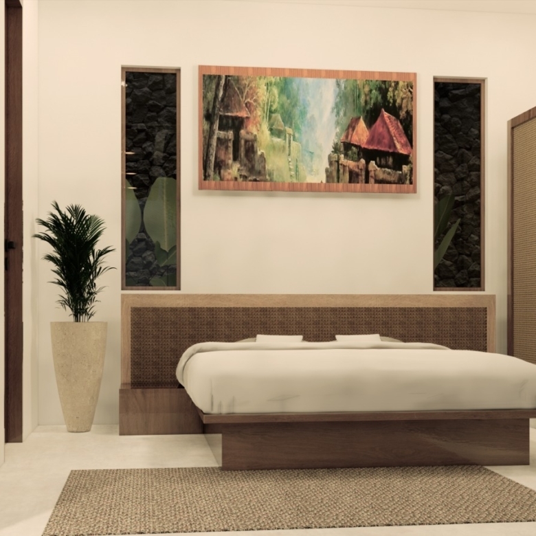 Hotel bedroom with a low wooden bed frame, white bedding, and a woven headboard, flanked by tall planters and tropical art above the bed.