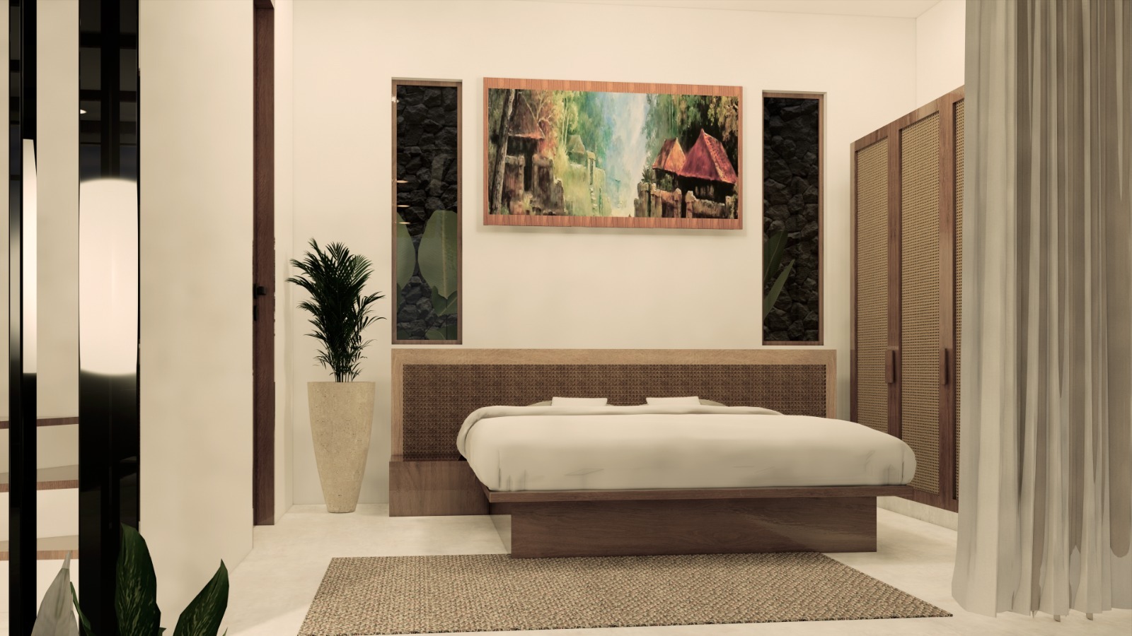 WhatsApp_Image_2026-05-12_at_11_03_23_PM__3__7150-6a2ff2921c339 Hotel bedroom with a low wooden bed frame, white bedding, and a woven headboard, flanked by tall planters and tropical art above the bed.