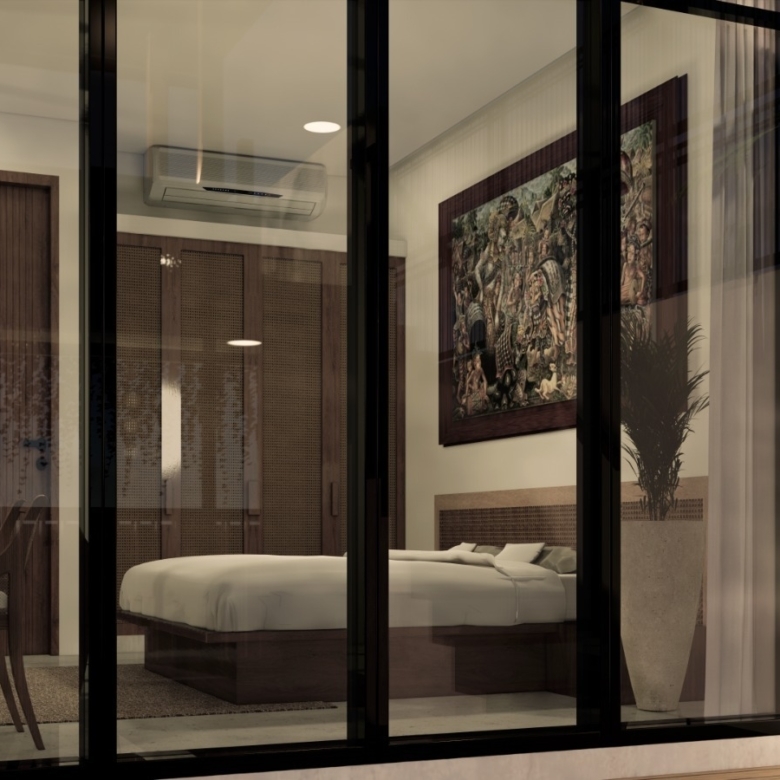 Bedroom visible through glass sliding doors with dark frames; white bed, large framed artwork, and a potted plant outside.