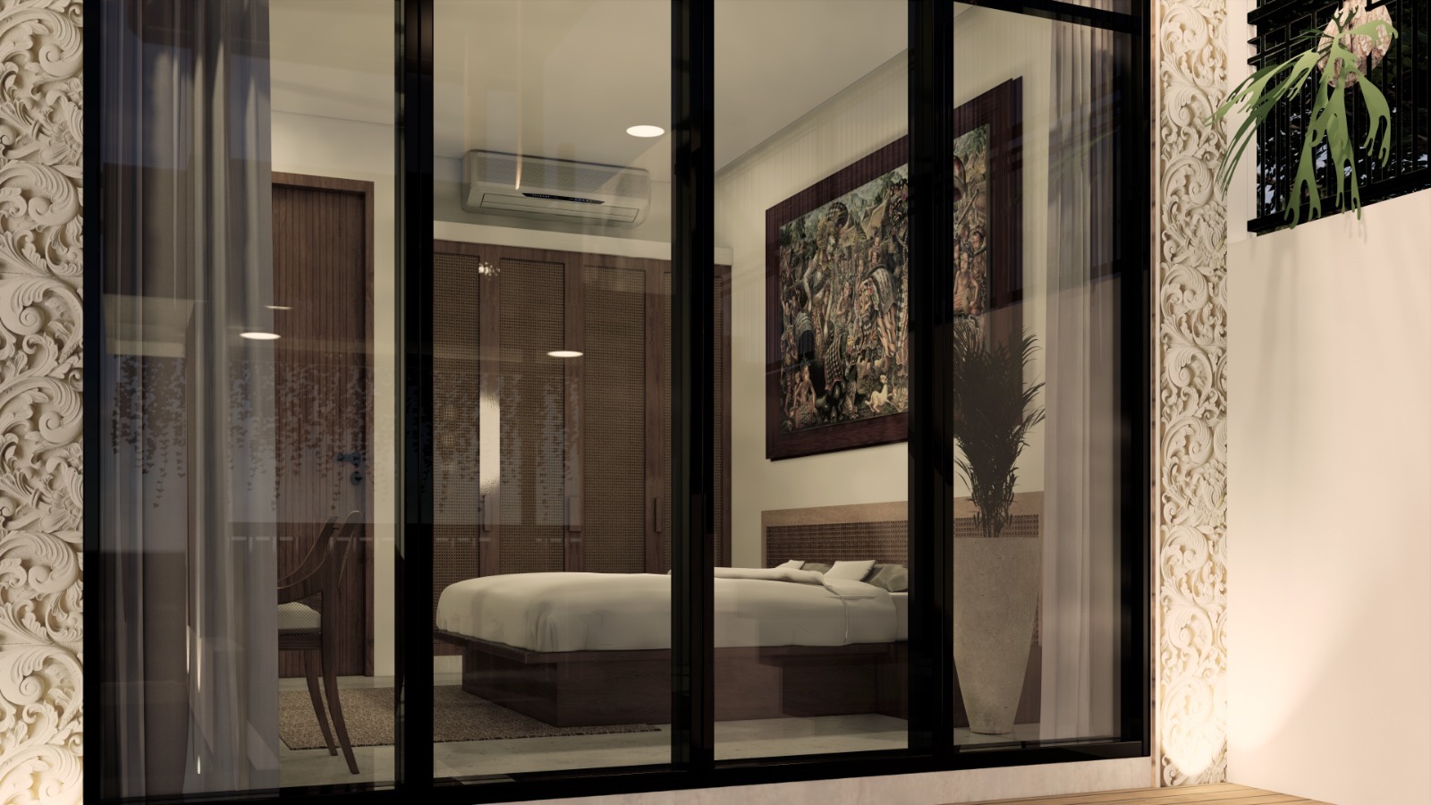 WhatsApp_Image_2026-05-12_at_11_03_24_PM_7149-6a2ff2920d71e Bedroom visible through glass sliding doors with dark frames; white bed, large framed artwork, and a potted plant outside.