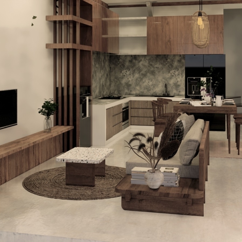 Open-plan living room and kitchen with warm wood cabinets, gray backsplash, and a dining table set under a woven pendant light.