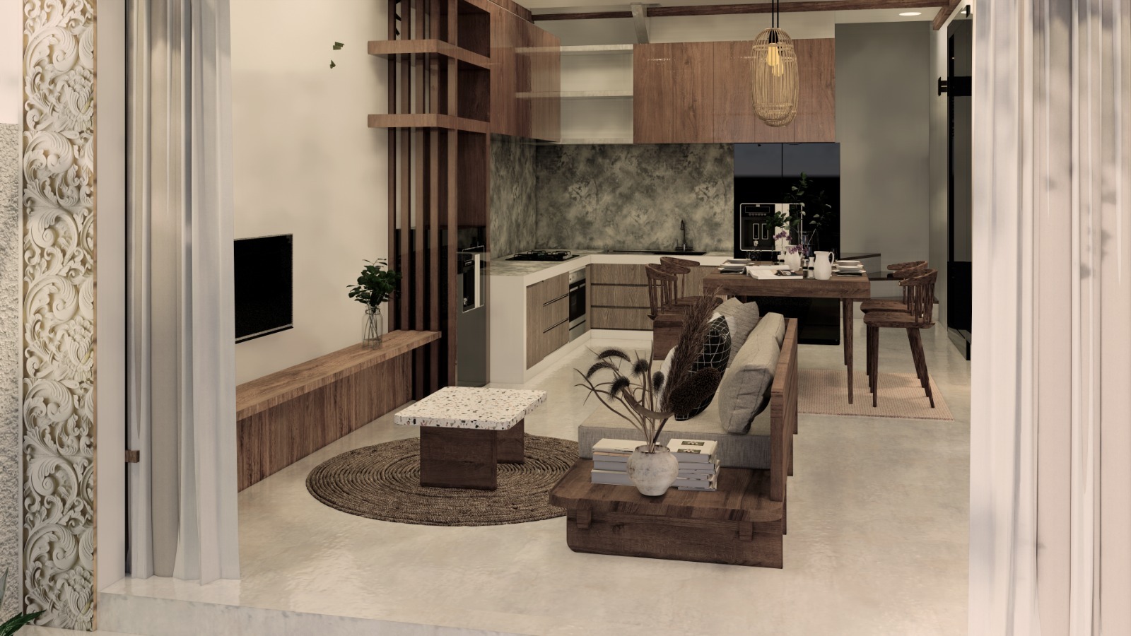 WhatsApp_Image_2026-05-12_at_11_03_25_PM_7149-6a2ff291f2be9 Open-plan living room and kitchen with warm wood cabinets, gray backsplash, and a dining table set under a woven pendant light.