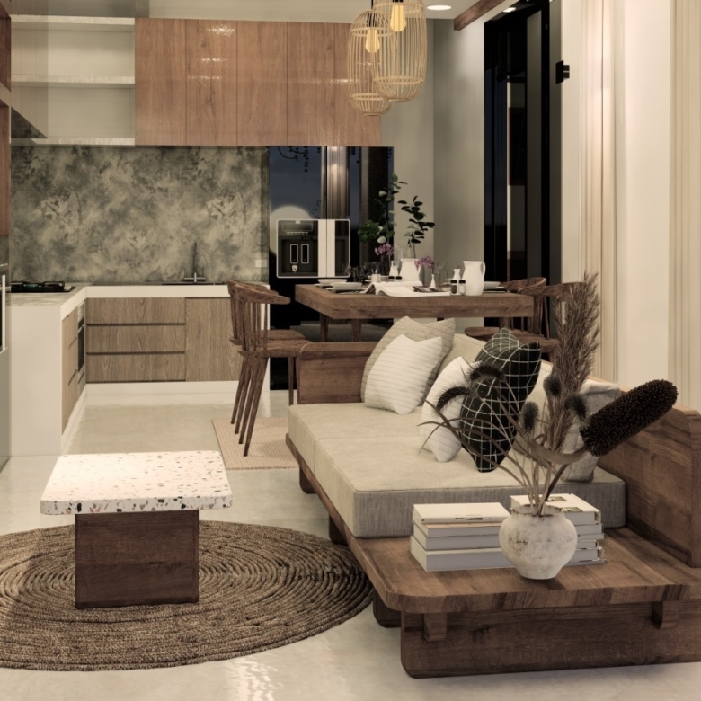 Open-plan living area with a beige sofa, wooden coffee table, and a dining table set against a modern kitchen backdrop.