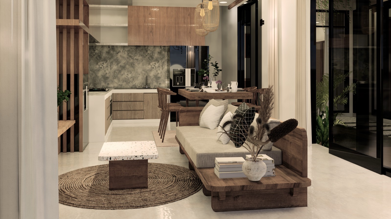WhatsApp_Image_2026-05-12_at_11_03_25_PM__1__7148-6a2ff291e284a Open-plan living area with a beige sofa, wooden coffee table, and a dining table set against a modern kitchen backdrop.