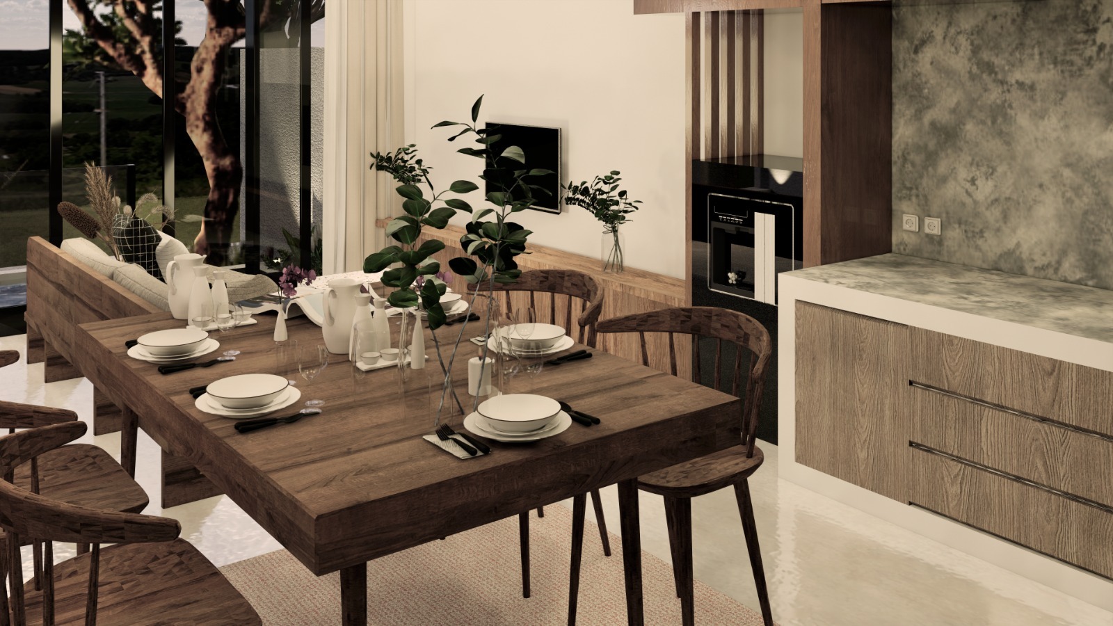 WhatsApp_Image_2026-05-12_at_11_03_26_PM_7147-6a2ff291d38df Wooden dining table set for a meal with plates, glasses, and cutlery in a modern kitchen-dining space.