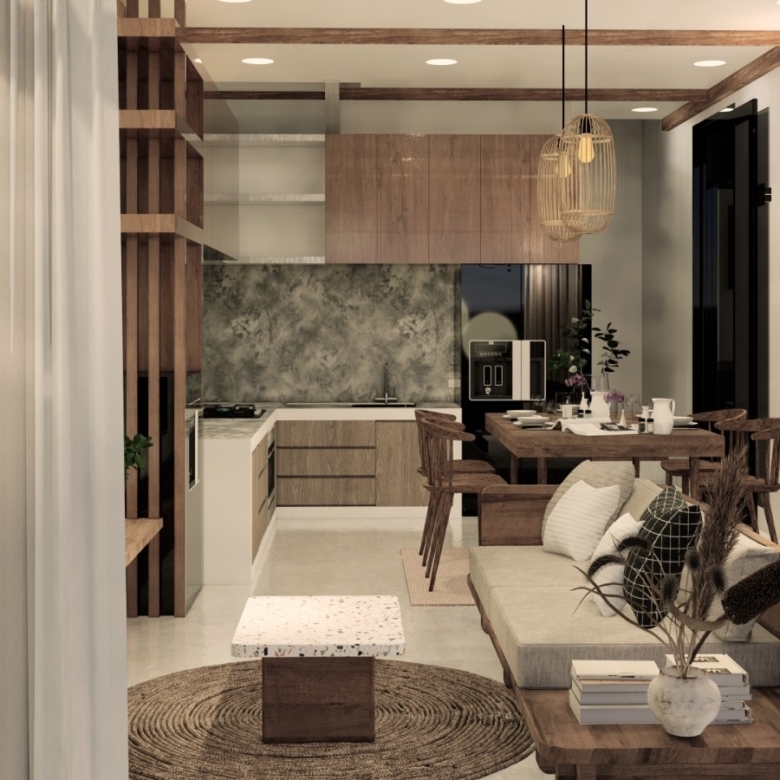 Open-concept living area with a wood-accent kitchen, dining table, and a beige sofa in a warm, neutral palette with plants and decorative lighting.