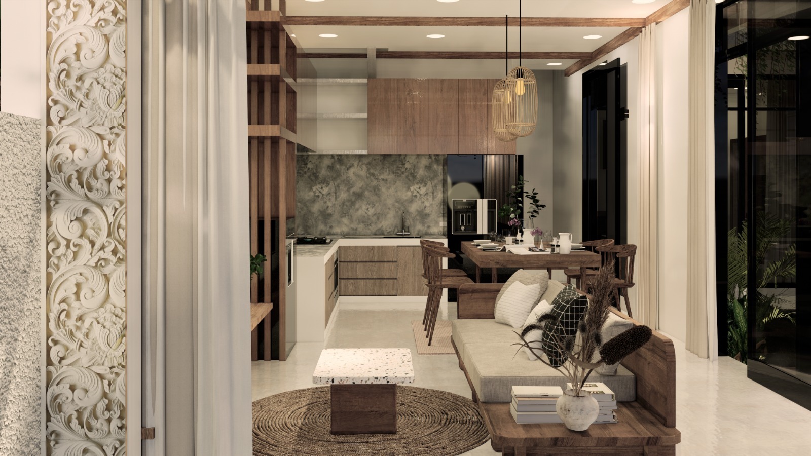 WhatsApp_Image_2026-05-12_at_11_03_26_PM__1__7146-6a2ff291c3d84 Open-concept living area with a wood-accent kitchen, dining table, and a beige sofa in a warm, neutral palette with plants and decorative lighting.