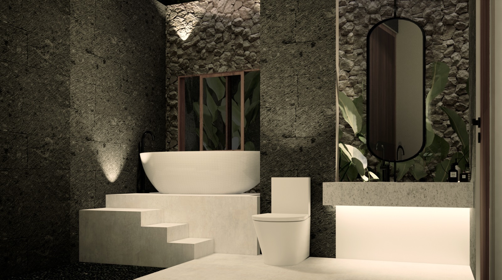 WhatsApp_Image_2026-05-12_at_11_03_27_PM_7146-6a2ff290b55f1 Luxurious modern bathroom with a white freestanding tub on a raised concrete platform, dark stone walls, and a backlit vanity area with a large oval mirror reflecting tropical plants.