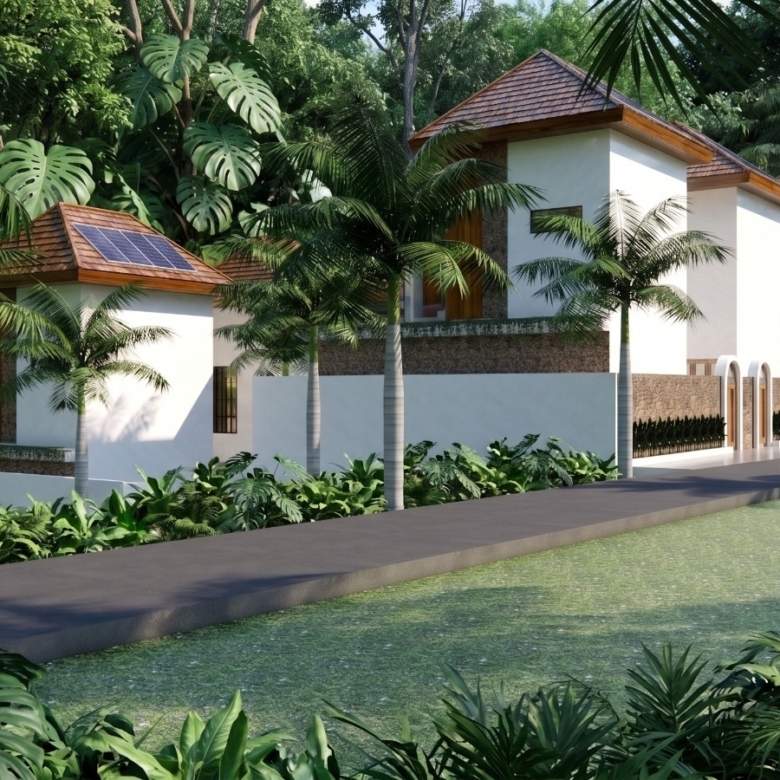 Modern tropical villa complex with white walls, brown tiled roofs, a solar panel, and lush jungle planting beside a canal in front.