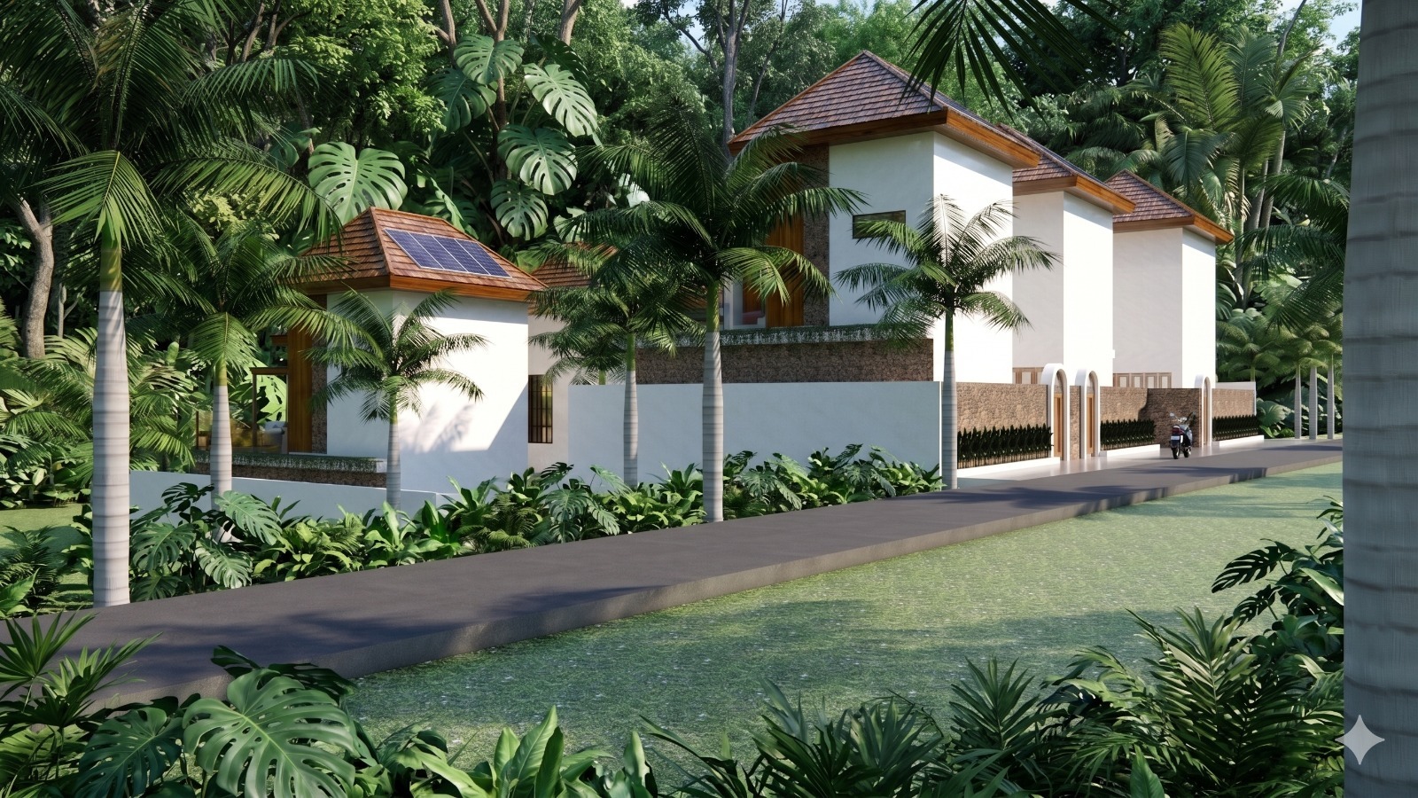 Modern tropical villa complex with white walls, brown tiled roofs, a solar panel, and lush jungle planting beside a canal in front.