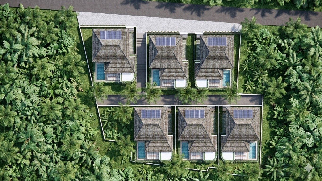Aerial view of eight townhouses arranged in two rows around a central road, surrounded by dense tropical greenery, with solar panels on some roofs.