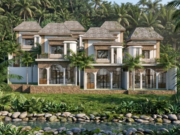 Three-story tropical villa complex with arched glass doors, stone accents, and lush palm trees surrounding it, set beside a rocky river.