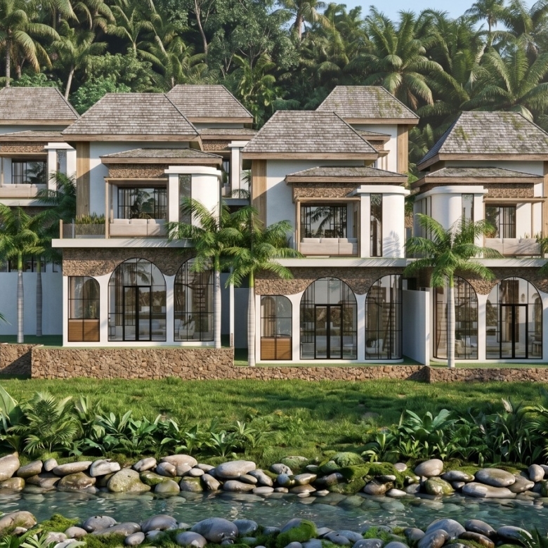 Three-story tropical villa complex with arched glass doors, stone accents, and lush palm trees surrounding it, set beside a rocky river.
