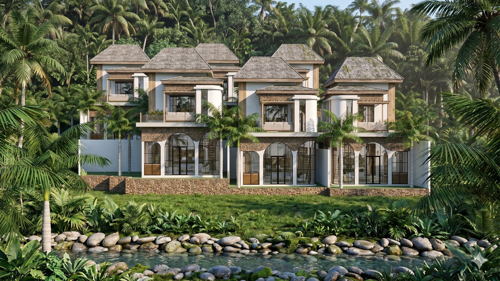 Three-story tropical villa complex with arched glass doors, stone accents, and lush palm trees surrounding it, set beside a rocky river.