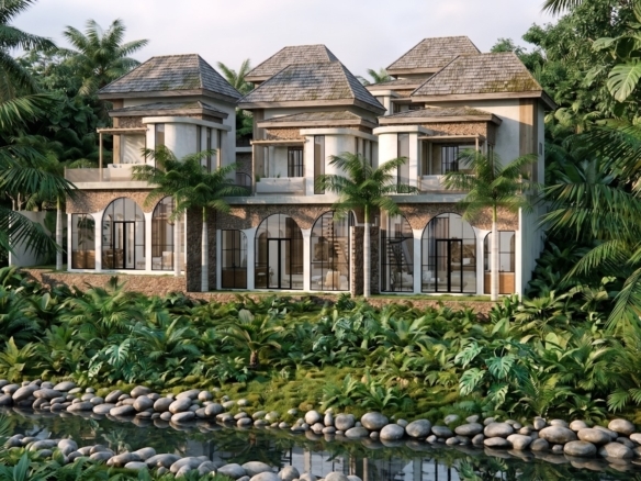 Luxurious tropical villa complex with thatched roofs, glass arches, and lush jungle landscaping beside a pebble-lined stream.