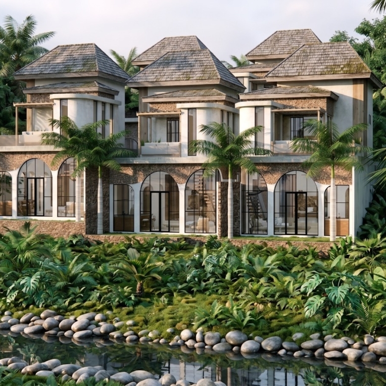 Luxurious tropical villa complex with thatched roofs, glass arches, and lush jungle landscaping beside a pebble-lined stream.