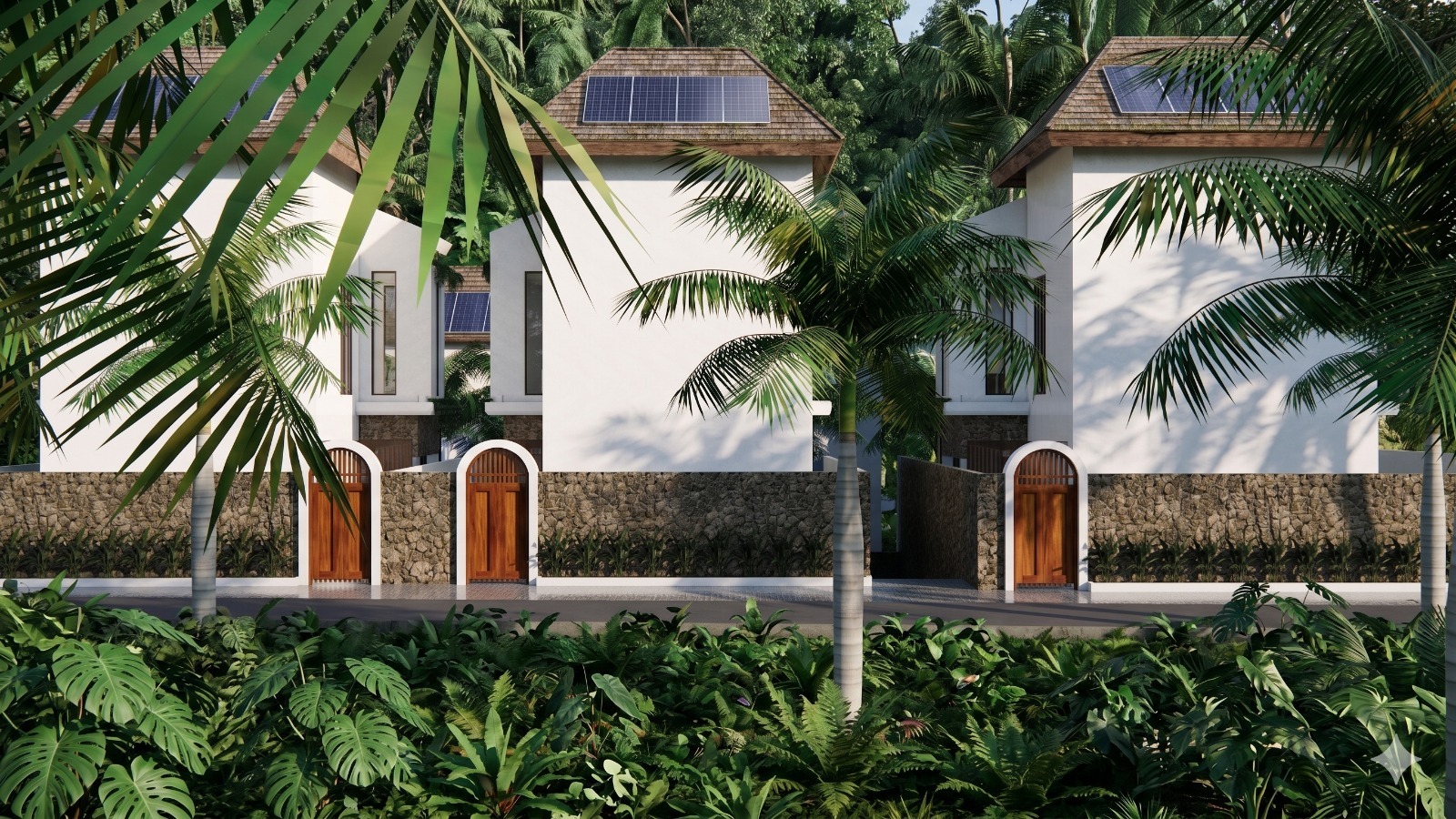 Tropical villa entrance with white walls, stone fence, wooden arched doors, and lush palm trees.