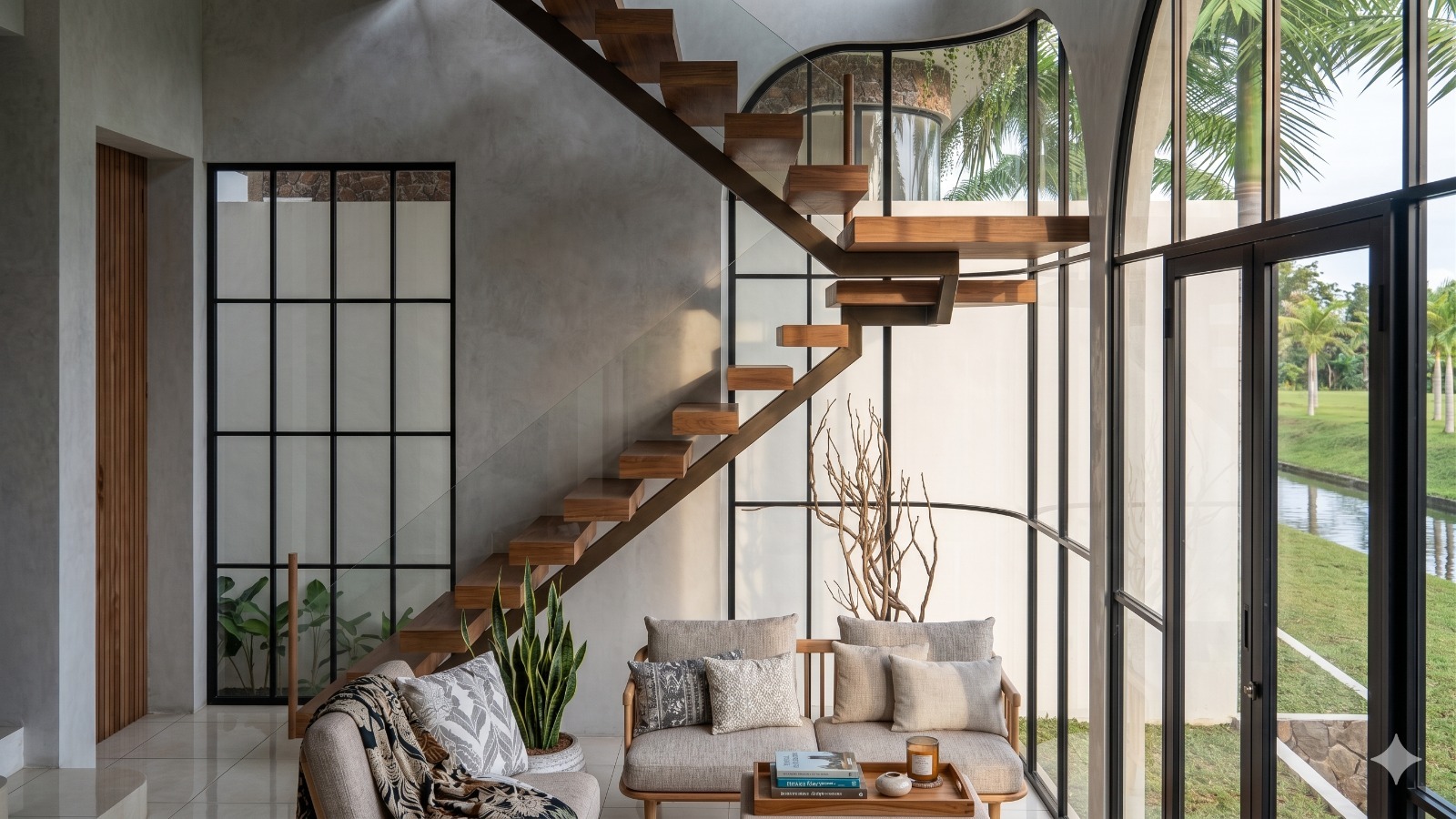 Sunlit living room with a floating wooden staircase along a glass wall, beige sofa, and potted plants outside the window.